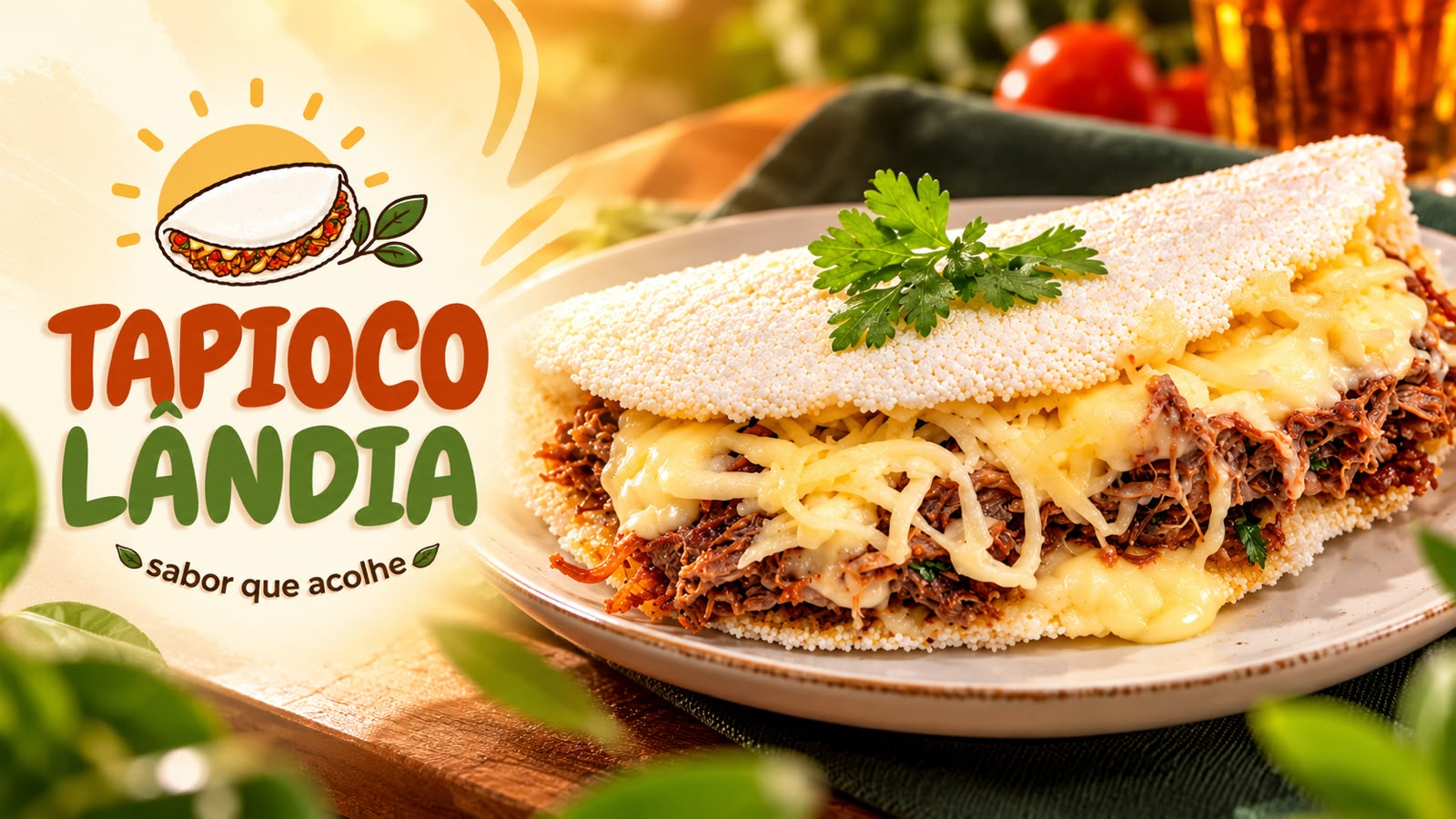 Tapiocolândia — Sabor que acolhe, com tapioca recheada de carne e queijo
